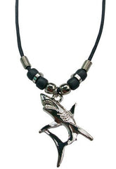 Wholesale Silver-Tone Shark Necklace with Rope Pendant | Silver on Black Beaded Necklace  ( sold by the piece or dozen )